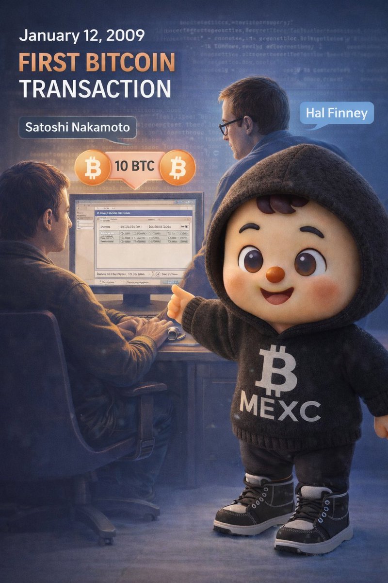 GM💙 In 2009 on this day, January 12, the first recorded Bitcoin  transaction took place. Satoshi Nakamoto sent 10 BTC to Hal Finney. #MEXC # Crypto #Blockchain #Web3 #Market