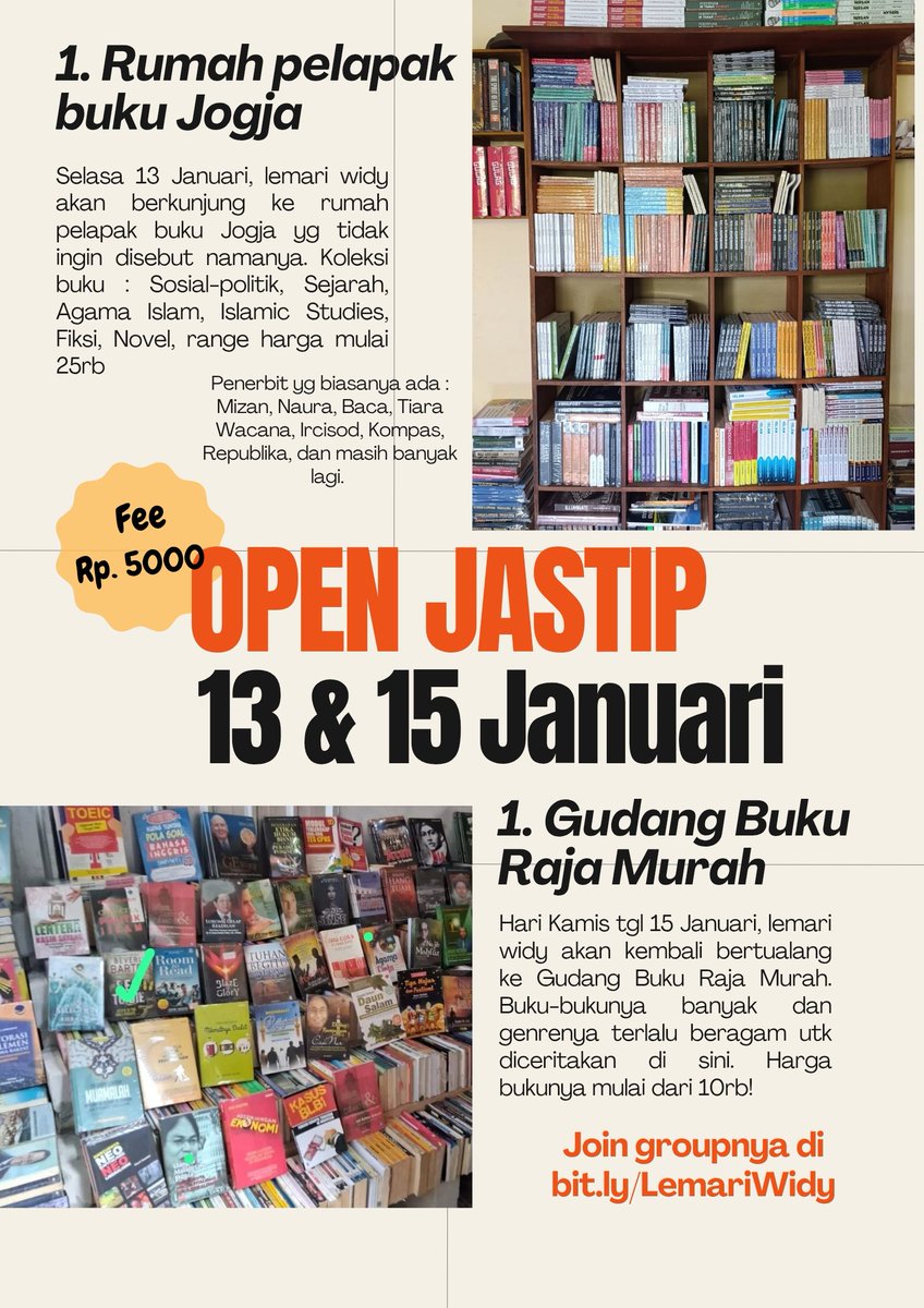 Halo teman teman, adek aku buka usaha jastip buku dari Jogja. Rencana tgl 13 dan 15 Januari besok mau bertualang ke rumah pelapak dan Gudang Buku Raja Murah. Ongkos jastipnya 5rb saja per buku. Mohon dukungannya yaa orang orang baik 😄🙏.