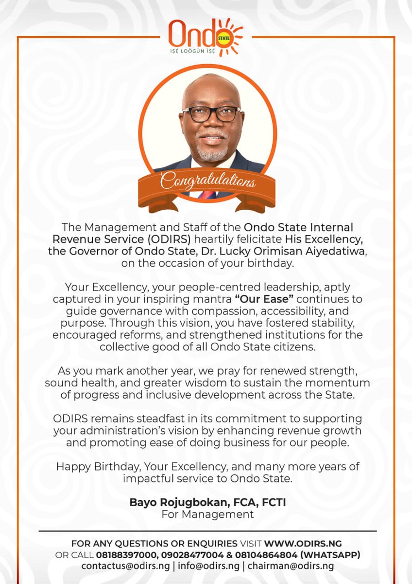 With gratitude and best wishes, ODIRS celebrates His Excellency, Dr. Lucky Orimisan Aiyedatiwa, on his birthday.