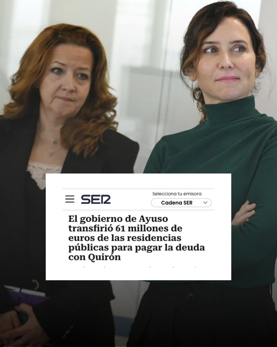 La CM dice que es habitual quitarle el dinero a los ancianos para dárselo a Quirón y se niegan a dar explicaciones.

¿Por qué utilizar el dinero destinado residencias para transferirlo a la empresa de la que tu novio cobra comisiones?

Los áticos no se pagan solos. Claro.