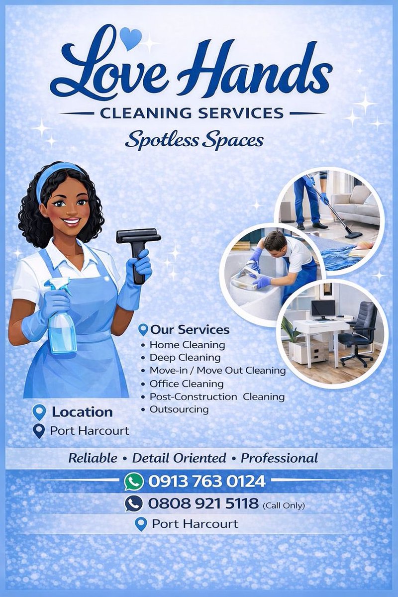 ubee_baby's tweet photo. You name it, we’ll clean it.
From regular cleaning to deep cleaning and post-construction cleanup, we deliver spotless, stress-free spaces every time.
10% OFF for first-time customers, commission on referrals.
#cleaningservicesinportharcourt
#phtwittercommunity #phXCommunity https://t.co/lMRQVQwlMI