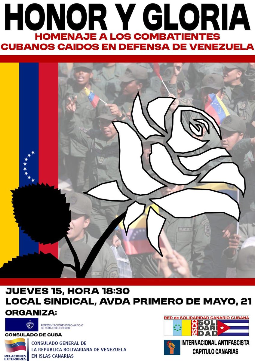 Jueves 15 de enero, a las 18:30 h., *HOMENAJE* a los 32 cubanos caídos en combate, y a todas las víctimas del ataque del imperialismo yanki, el 3 de enero, contra Venezuela.
 *HONOR Y GLORIA* 
 _*Se ruega la máxima puntualidad en la asistencia_ .