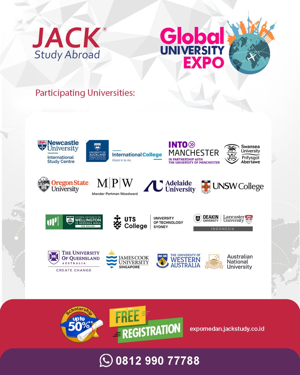 jackstudyindo's tweet photo. Minggu sore pliss jangan rebahan dulu 👀
Ada 📣 Global University Expo - Medan!

Universitas dari Australia, Singapore, New Zealand, UK &amp; USA akan hadir langsung buat jawab semua pertanyaan kamu.
Masuknya gratis, pulangnya bisa bawa rencana study abroad ✈️ #medan https://t.co/ZmHr7hsH7d