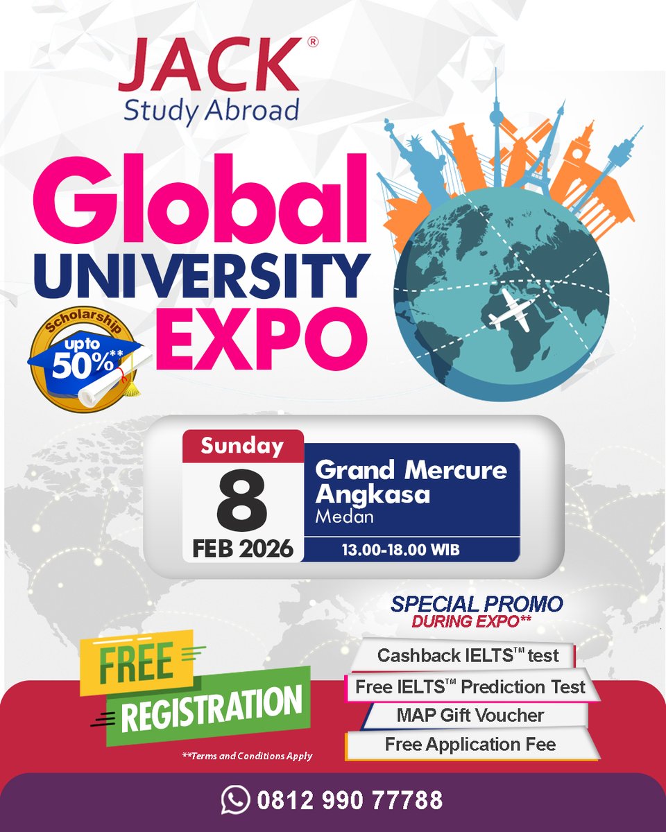 jackstudyindo's tweet photo. Minggu sore pliss jangan rebahan dulu 👀
Ada 📣 Global University Expo - Medan!

Universitas dari Australia, Singapore, New Zealand, UK &amp; USA akan hadir langsung buat jawab semua pertanyaan kamu.
Masuknya gratis, pulangnya bisa bawa rencana study abroad ✈️ #medan https://t.co/ZmHr7hsH7d