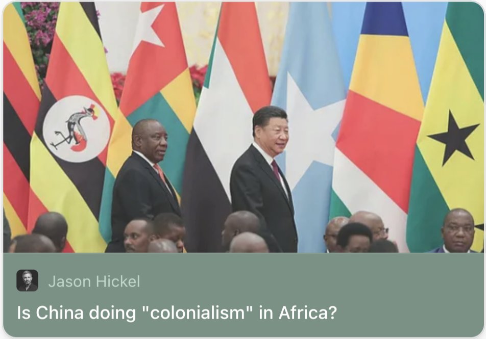 jasonhickel's tweet image. Is China doing "colonialism" in Africa?  

Here I argue that equating China’s activities in Africa to Western colonialism/imperialism is not only empirically incorrect, it trivialises the extraordinary violence of the latter. It is a form of denialism.

jasonhickel.substack.com/p/is-china-doi…