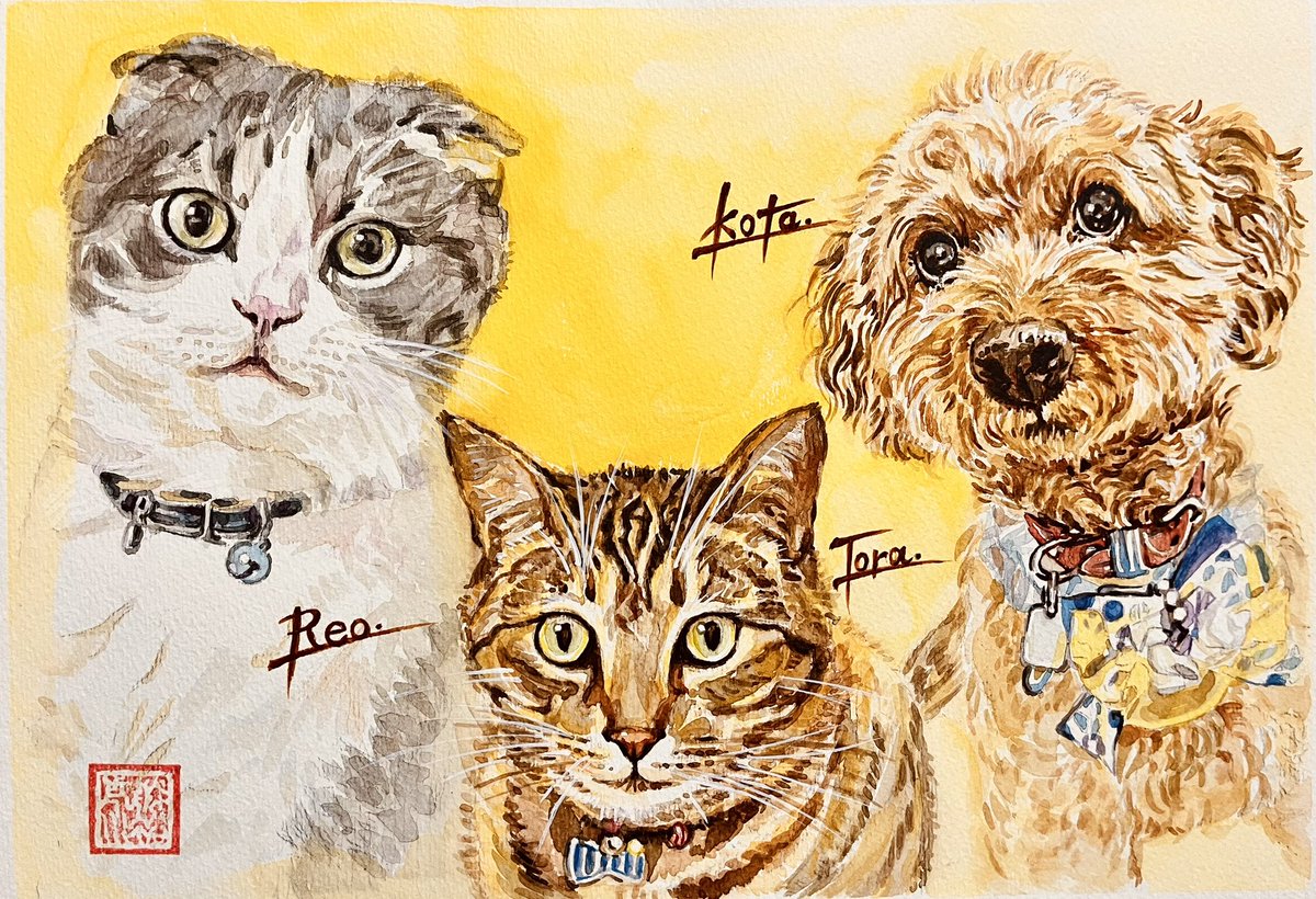 ペット似顔絵】製作依頼品 ワンちゃん🐕とネコちゃん2匹🐈🐈 スリー