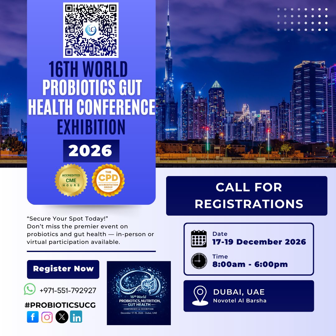 ProbioticsGut's tweet image. CALL FOR REGISTRATIONS
16th World Probiotics, Nutrition &amp;amp; Gut Health Conference &amp;amp; Exhibition from 17–19 Dec 2026 in Dubai, UAE.
…-guthealth.utilitarianconferences.com/registration
wa.me/+971551792927
#ClinicalNutrition #MicrobiomeScience #CME #CPD #PROBIOTICSUCG #GutHealth #Probiotics #Microbiome