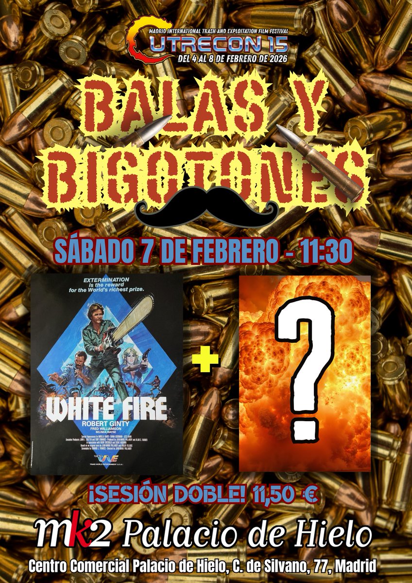 cinecutre's tweet image. Por motivos más o menos diversos y dispersos, los mostachos suelen tener relevancia en el festival, es un hecho. Y #CutreCon XV no va a ser diferente: ¡llega la sesión doble BALAS Y BIGOTONES, con la #WhiteFire de Robert Ginty + peli sorpresa!

ENTRADAS: mk2palaciodehielo.es/es/detalles/59…