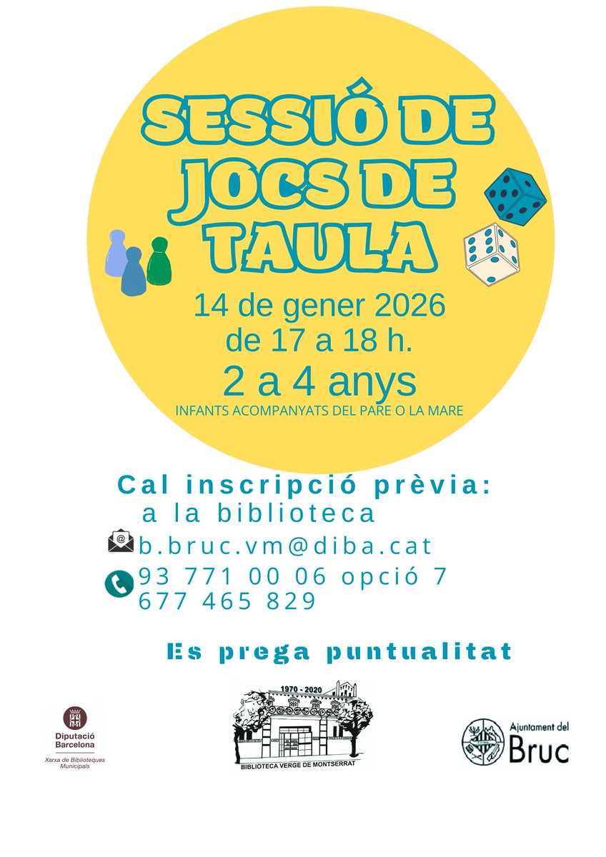 📢 Sessió de jocs de taula per a infants de 2 a 4 anys🎲 Una tarda divertida per als més petits!

✍️ Inscripcions: a la biblioteca
📩 b.bruc.vm@diba.cat
📞 93 771 00 06 (opció 7) / 677 465 829

#BibliotecadelBruc

bruc.cat