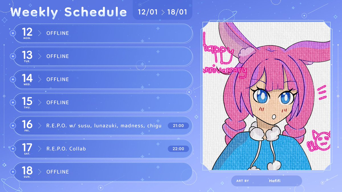⊹ ࣪ ˖ weekly schedule 🌸
【12/1/2026 to 18/1/2026】

🌸 two REPO collabs this week !! the game scares me so i'll just uhm... yeah... wish me luck... ;-;
