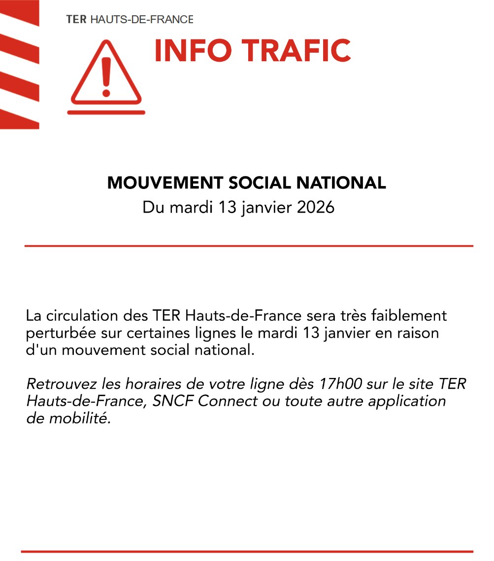 ⚠ Mardi 13 janvier

La circulation des TER Hauts-de-France sera très faiblement perturbée sur certaines lignes en raison d'un mouvement social national.

Retrouvez les horaires de votre ligne dès 17h sur le site TER Hauts-de-France, SNCF Connect ou toute autre appli de mobilité.
