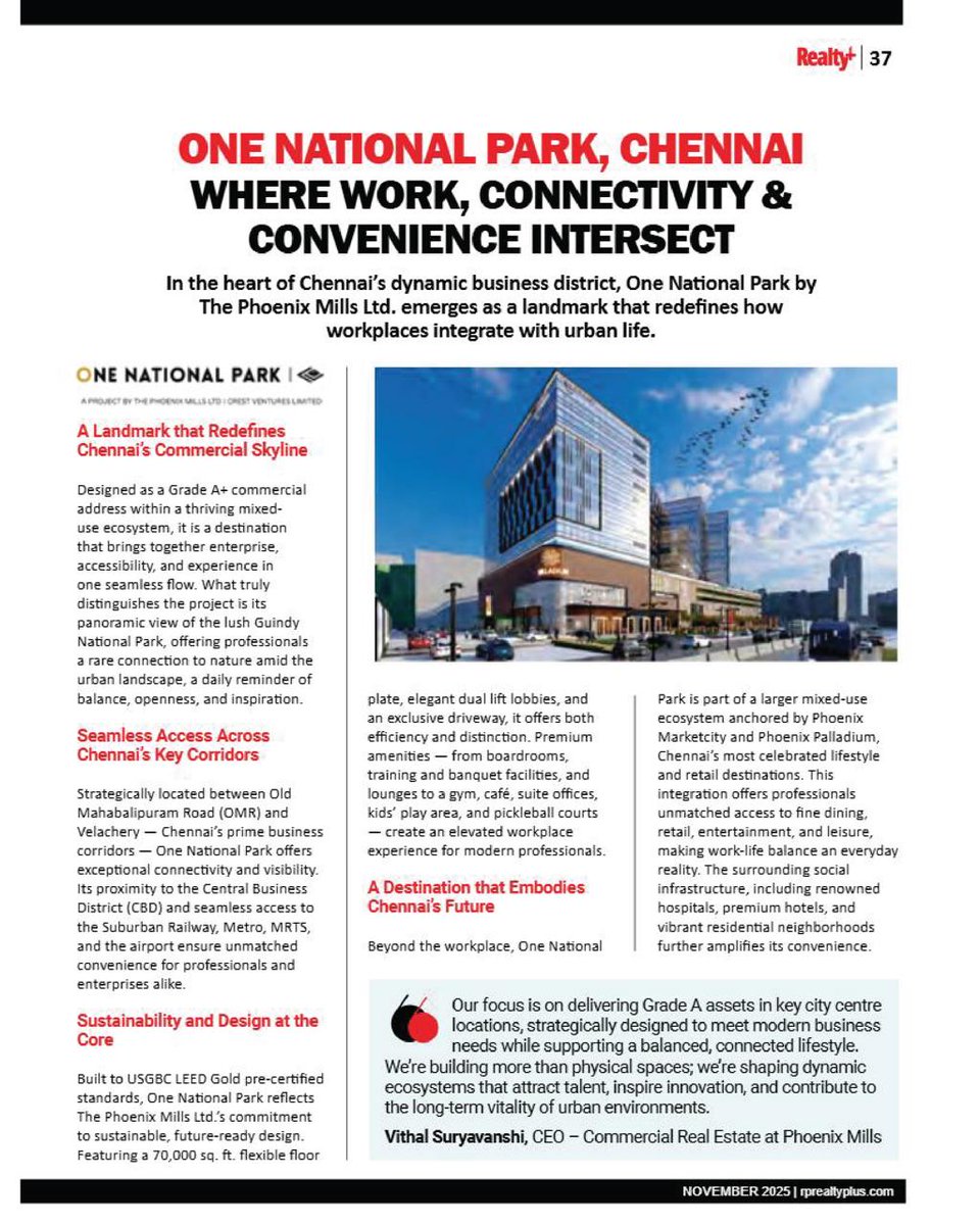 RPRealtyPlus's tweet image. What if your office didn’t just sit inside the city - but flowed with it?

Read the full story in the latest issue of Reality+: rprealtyplus.com/magazine/novem…

#RealtyPlus #SpecialFeature #OneNationalPark #PhoenixMills #ChennaiCommercial #GradeAOffice #MixedUseDevelopment #FutureOfWork