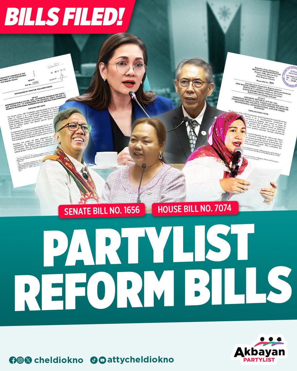 ChelDiokno's tweet photo. ‘BAN CONTRACTORS, POLITICAL DYNASTIES FROM THE PARTY-LIST SYSTEM’

Today, we filed bills to reform the party-list system and restore genuine representation in Congress. Senate Bill No. 1656 was filed by Akbayan Sen. Risa Hontiveros, while I, together with my fellow Akbayan Reps. Perci Cendaña and Dadah Ismula, and Dinagat Islands Rep. Kaka Bag-ao, filed House Bill No. 7074.

Sa ilalim ng mga panukalang ito, bawal sa party-list system ang mga political dynasty at ang mga may interes sa kontrata ng gobyerno.

Ipinagbabawal din ang pagpaparehistro ng mga party-list gamit ang pangalan ng TV o radio program, government assistance program, o ng mga public official, celebrity, at iba pang public figure.

Panahon na para wakasan ang pang-aabuso sa party-list system. Let us restore it to its original purpose and give more power to long-marginalized parties, organizations, and sectors.
