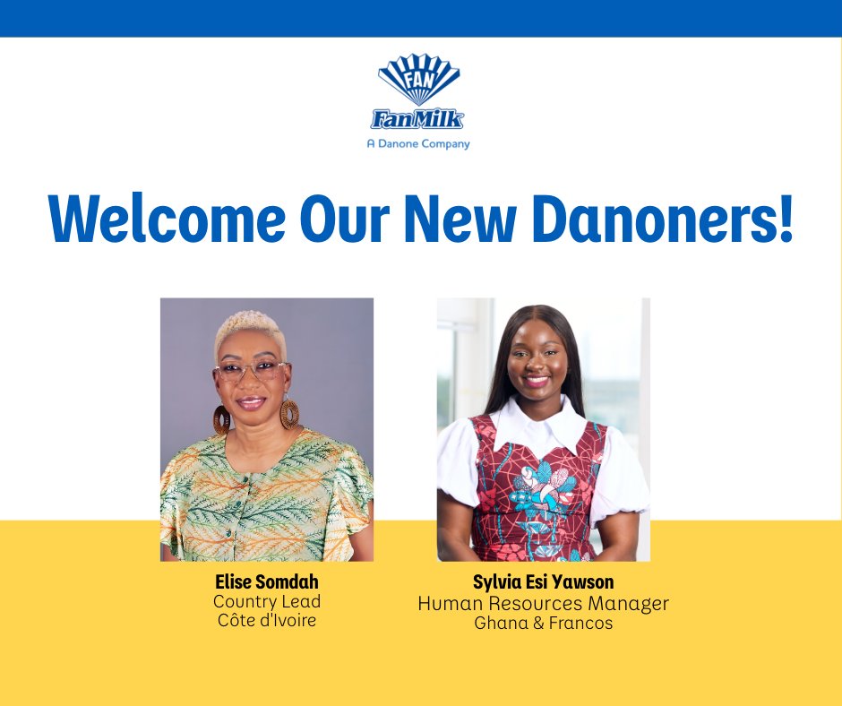 FanMilkWA's tweet photo. We are excited to welcome our new 'Danoners' joining the FanMilk West Africa team.

Elise Somdah joins as the Country Lead for FanMilk Côte d'Ivoire and Sylvia Esi Yawson joins as the Human Resources Manager for Ghana and Francos. https://t.co/KVxVevPhra