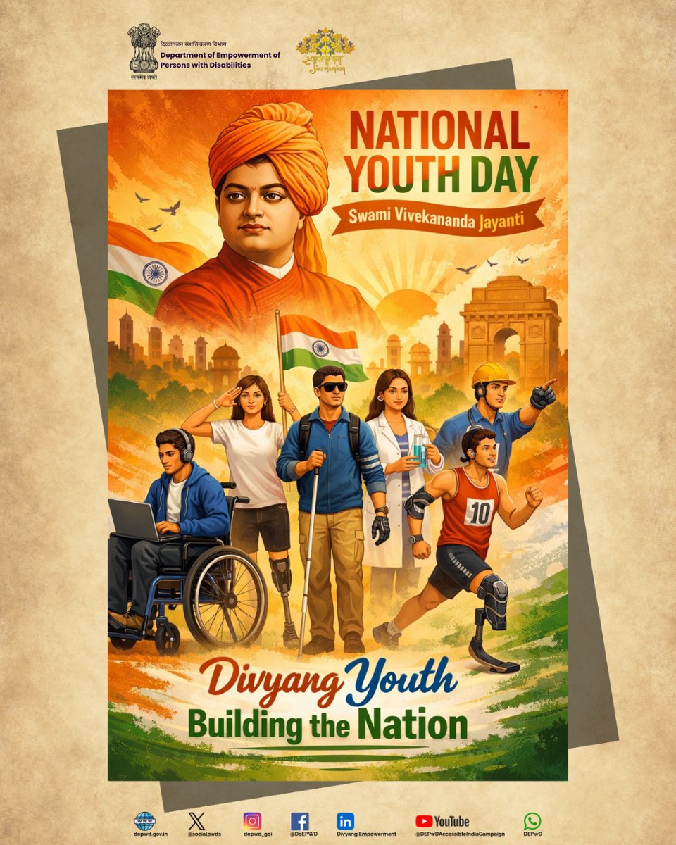 socialpwds's tweet photo. The birth anniversary of Swami Vivekananda, a great source of inspiration for India’s youth, is celebrated as National Youth Day. On the occasion, @socialpwds  pays its respectful tribute to Swami Vivekanand. 

On #NationalYouthDay, we reaffirm that under the visionary leadership of Hon’ble Prime Minister Shri @narendramodi and the resolve of Viksit Bharat, the Divyang youth of our nation are playing a strong and meaningful role in nation-building through their talent, determination, and dedicated contributions.

#InclusiveBharat
#YouthOfIndia
#ViksitBharat 

@PMOIndia @Drvirendrakum13 @blvermaup @mygovindia @MIB_India @PIB_India