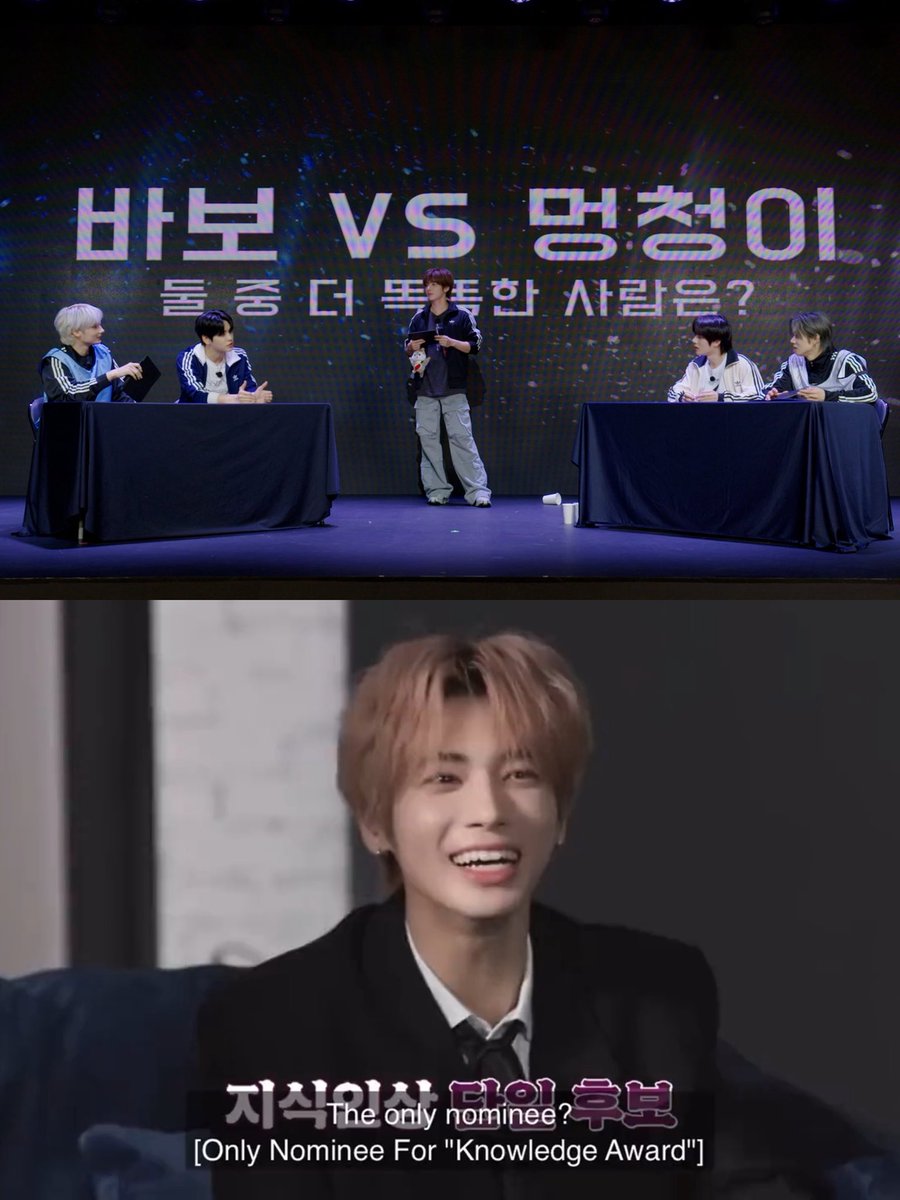 L0VELYBEOMIE's tweet image. the battle being titled “pabo vs dummy: who’s the smarter of the two?” and taehyun as the mc 😭

the fact that in TO DO awards way back, tyun won the knowledge award as the only nominee makes this even funnier I’M CRYINGG