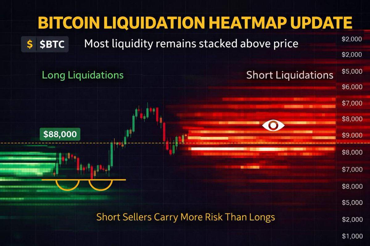 💥 $BTC Liquidation Heatmap Liquidity remains heavier on the short side 👀  Some long liquidations sit near $88K, but the main pressure is still above  price. If BTC pushes higher, shorts could