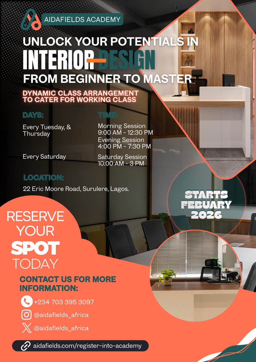 aidafieldsA's tweet photo. At Aidafields Academy, you’ll:
✔️ Master design foundations
✔️ Learn industry tools
✔️ Execute real interior projects
🎯 This is where beginners become professionals.

👉🏽 Register now — slots are filling fast: Click the link below 👇🏾

https://t.co/DwjafxfVng https://t.co/ZiWMmxhh1C