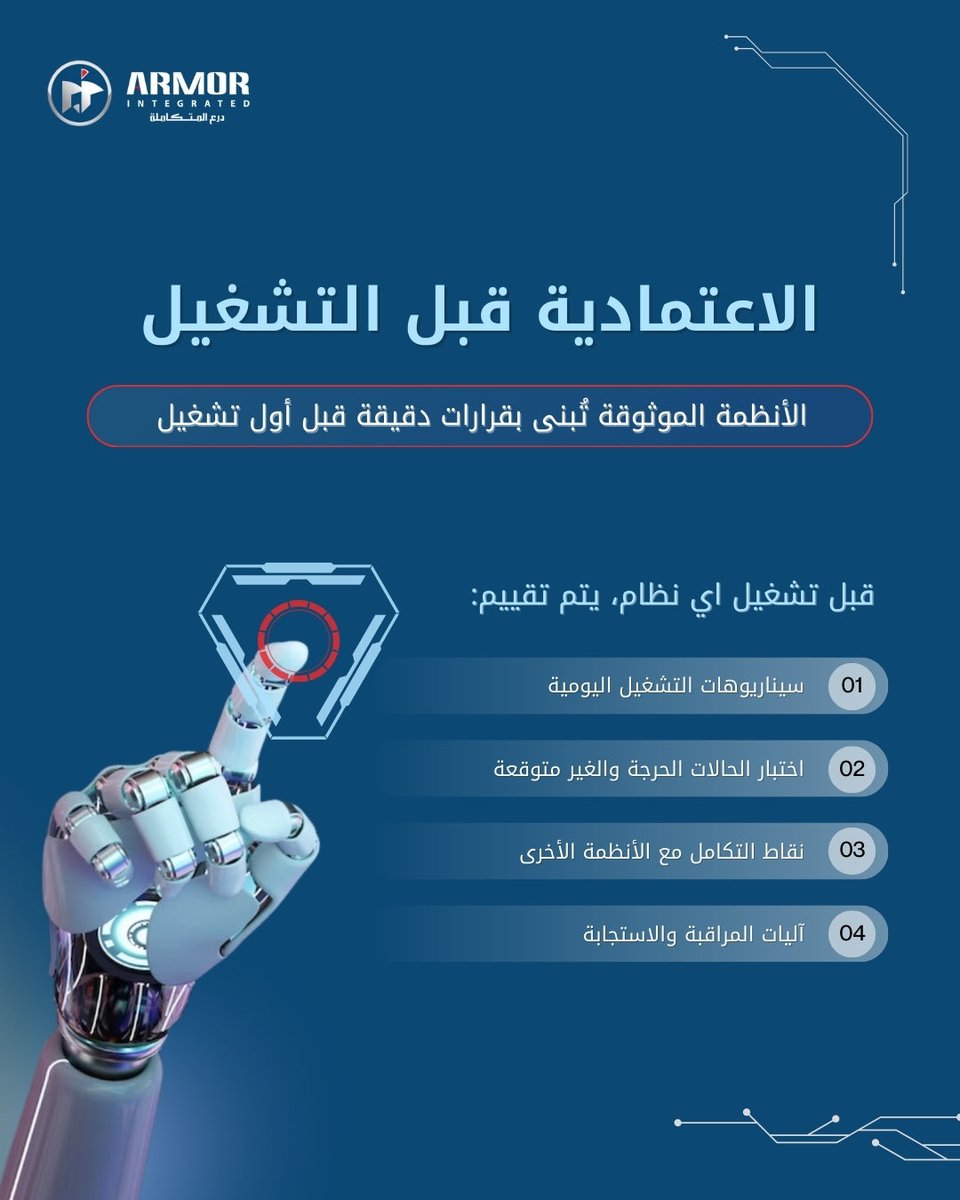 armorintegrated's tweet photo. كيف يُبنى النظام القابل للاعتماد؟ 

هذا النهج يضمن أن تعمل الأنظمة ضمن منظومة مترابطة قادرة على الاستجابة للأحداث وتحقيق الاستقرار والاستمرارية.

#درع_المتكاملة https://t.co/rR5fRlAVDa