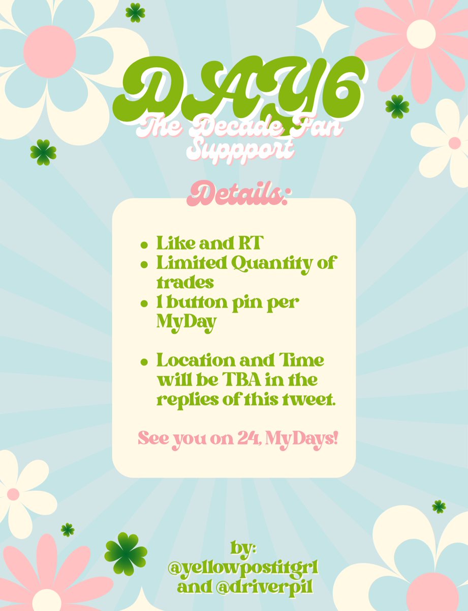 yellowpostitgrl's tweet image. 🍀DAY6 ‘The Decade in Manila’ FAN SUPPORT🍀
by: @yellowpostitgrl &amp;amp; @driverpil 

🐻🦊Denimalz Button Pins🐰🐶
.*~.Details on the pictures below! .~*.

🎲RT AND LIKE
🎲Location and Time TBA

See you on January 24, MyDays! ✊🏻🍀

#DAY6TheDecadeInManila #DAY6