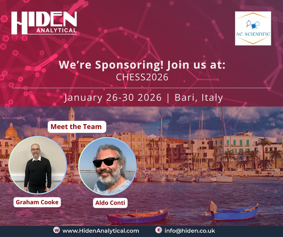 HidenAnalytical's tweet image. 📢 Hiden Analytical at #CHESS2026!

Join us in Bari, Italy (26–30 Jan 2026).

🎤 Graham Cooke will give a talk on simultaneous dual polarity SIMS instrumentation &amp;amp; applications.
🤝Aldo Conti (AC Scientific) will represent Hiden throughout the event.

#SurfaceScience #CHESS2026