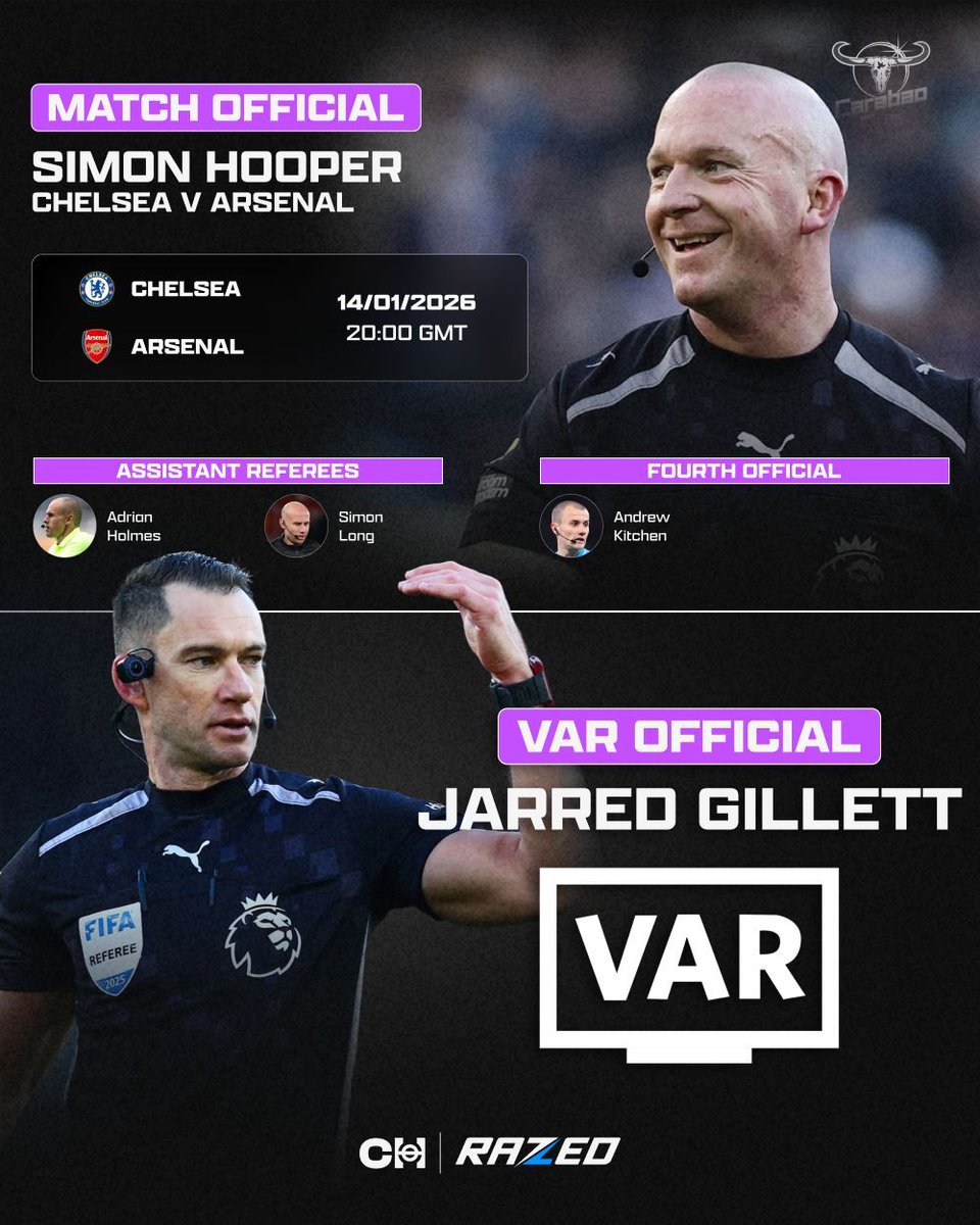 TikiTakaConnor's tweet image. The match officials for Arsenal’s Carabao cup semi-final first leg against Chelsea are now confirmed. 🔒