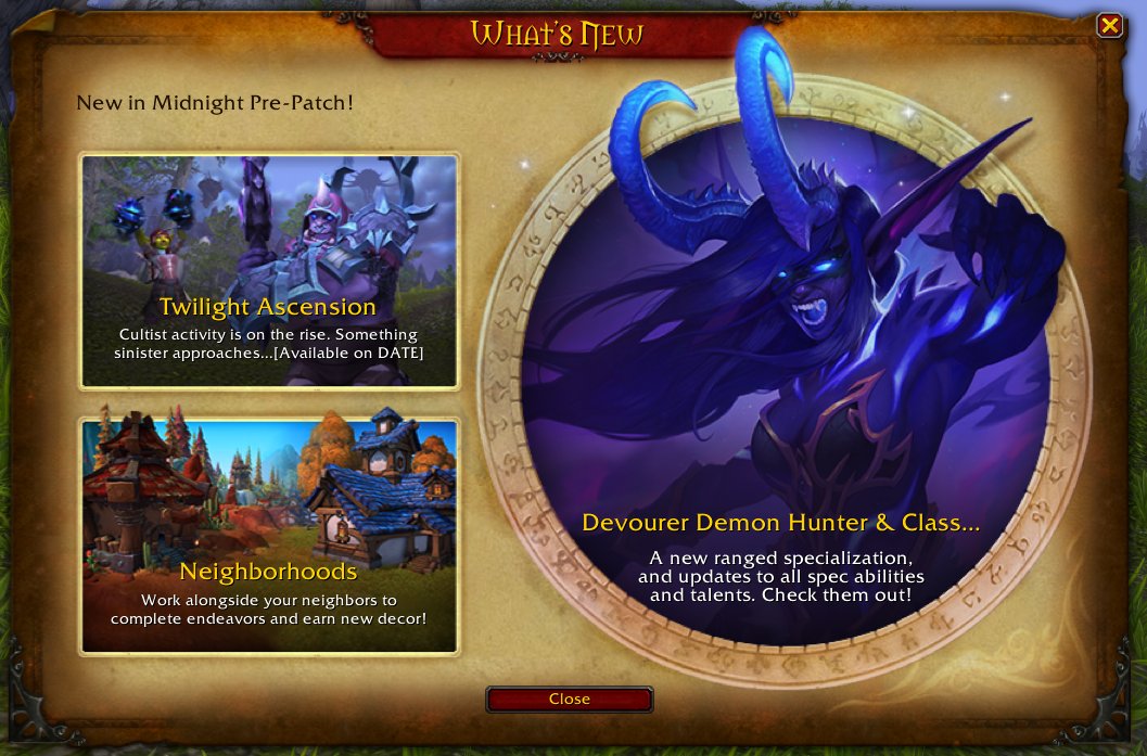 MrGMYT's tweet image. Unless it’s a typo or plans have changed, the Midnight Pre-Patch splash screen suggests Neighbourhood Endeavours are coming in the Pre-Patch.