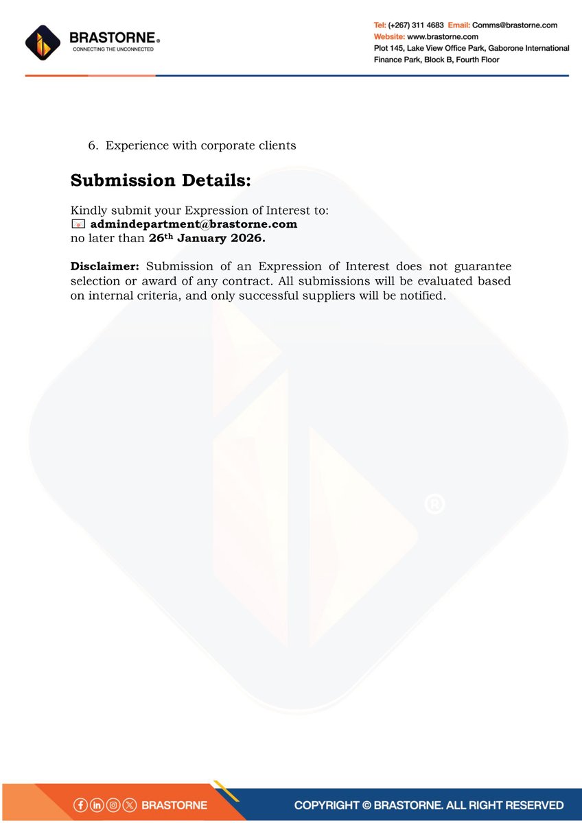 Brastorne Enterprises is inviting food service providers, small businesses, and individual vendors to submit an Expression of Interest (EOI) for the provision of daily office lunch supply services.

Learn more about Brastorne at brastorne.com

#ConnectingTheUnconnected