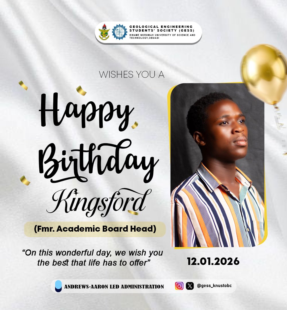 gess_knustobc's tweet photo. Happy Birthday! 🎉🎂
The Geological Engineering Students’ Society (GESS) wishes you a day filled with joy, success, and good health. 💪💫
Have a wonderful celebration and keep striving for greatness! 🌍⛏️

📩: gessknustobuasi@gmail.com

📷: https://t.co/WaqeeX9hzk

©️ GESS https://t.co/Wcc3P9m9vu