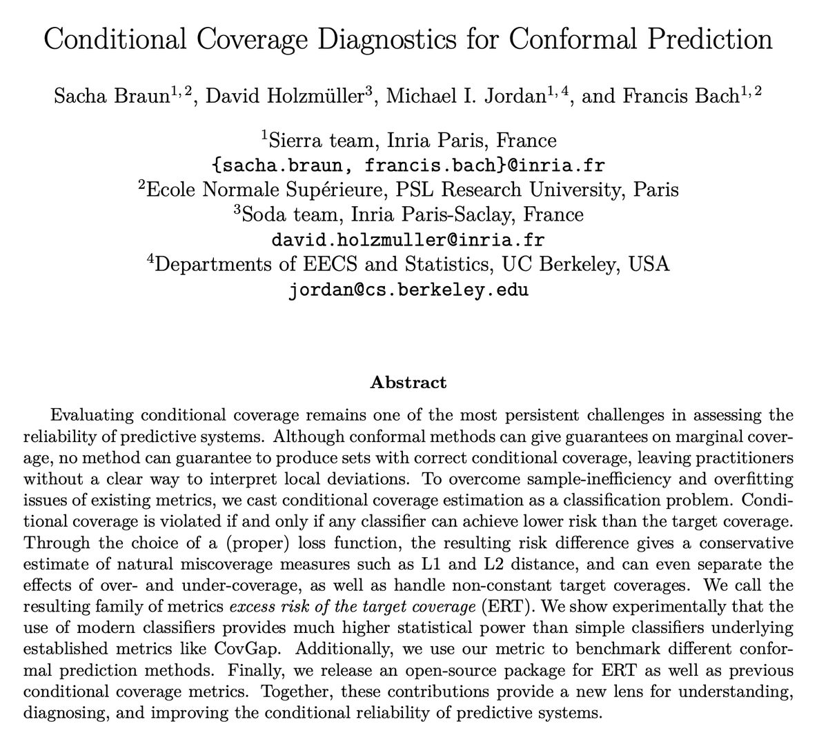 PotoSacho's tweet photo. 📢 How can you measure conditional miscoverage ??

With @DHolzmueller, Michael I. Jordan &amp; @BachFrancis, we recast conditional coverage as classification, offering a new lens on both its meaning and its measurement. (+ release a package to compute our metric in 2 lines of code)! https://t.co/OYLggZ71P7