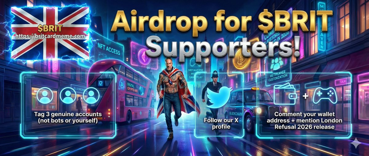 BritCardMeme's tweet image. 🇬🇧 $BRIT AIRDROP ALERT! 🇬🇧

The movement is growing. Get ready for the London Refusal metaverse takeover! 🎮🚀 We are rewarding our genuine supporters.

👇 HOW TO QUALIFY:

1️⃣ Tag 3 real accounts (No bots, no self-tags! 🚫🤖) 
2️⃣ Follow our profile 🔔 
3️⃣ Comment your wallet…