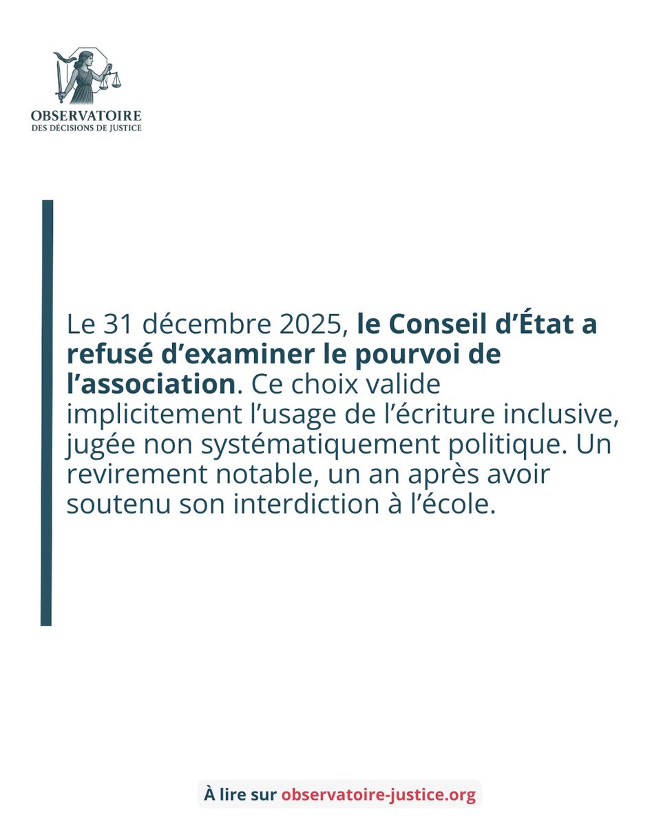 ODJ_France's tweet photo. 🚨 Le Conseil d’État et la langue française : un tournant inquiétant

Entre 2017 et 2019, la Ville de Paris a introduit l’écriture inclusive sur des plaques commémoratives. Après des années de bataille judiciaire, le Conseil d’État a finalement refusé de statuer contre cette pratique, validant de facto son usage dans l’espace public.

Cette décision marque un revirement majeur et soulève des questions sur l’avenir de notre langue, son rôle diplomatique et son accessibilité pour tous.

💬 Nous en parlons dans notre article disponible sur notre site  👉 https://t.co/i0KjCKm0tX

---------

✍🏻 Ce post vous a plu ? Ce travail a un coût. L’Observatoire des Décisions de Justice ne vit que grâce à vos dons. Faites-en un directement sur notre site 👇
https://t.co/eqe76G2YME

📨 Et restez informés en vous abonnant à notre lettre d'information mensuelle : https://t.co/ErpzwgwvhH