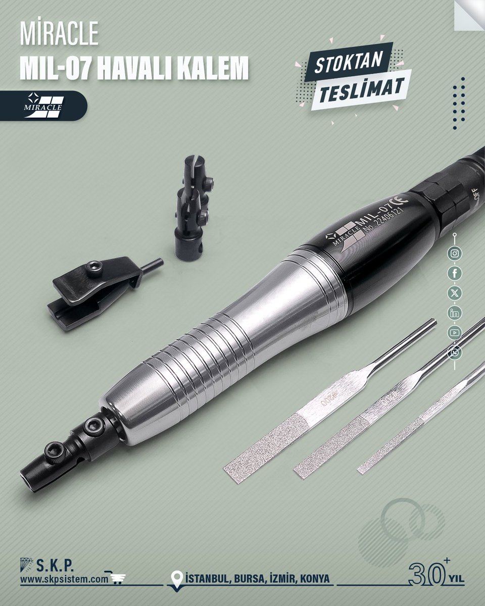 #Miracle #MIL07 #HavalıKalem

🛒 Detaylar: skpsistem.com/urun/miracle-m…

#Pnömatik #Kalıp #Kalıpçılık #Yüzeyİşleme #Hassasİşçilik #Finisaj #Endüstri #İmalat #Atölye #ElAletleri #Mekanik #Otomotiv #Savunma #Havacılık #Medikal #Elektronik #Paslanmaz #Alüminyum #Çelik #EDM #Lepleme #Eğe