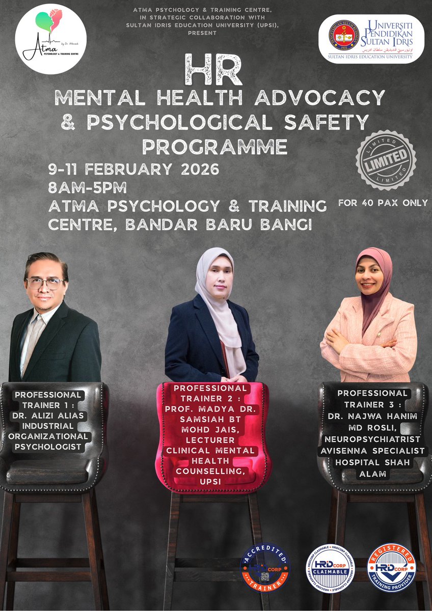 atrash88's tweet photo. Kesihatan mental tempat kerja gagal apabila kita hanya fokus kpd individu.Program 3 hari untuk HR &amp; pengurus:
• Psychological safety
• Sistem organisasi
• Tngjwb majikan
9–11 Feb 2026 | HRDC-Claimable 8am-5pm Atma Psychology &amp; Training Centre, Bandar Baru Bangi @DrAliziAlias https://t.co/Cdr8sUlr3u