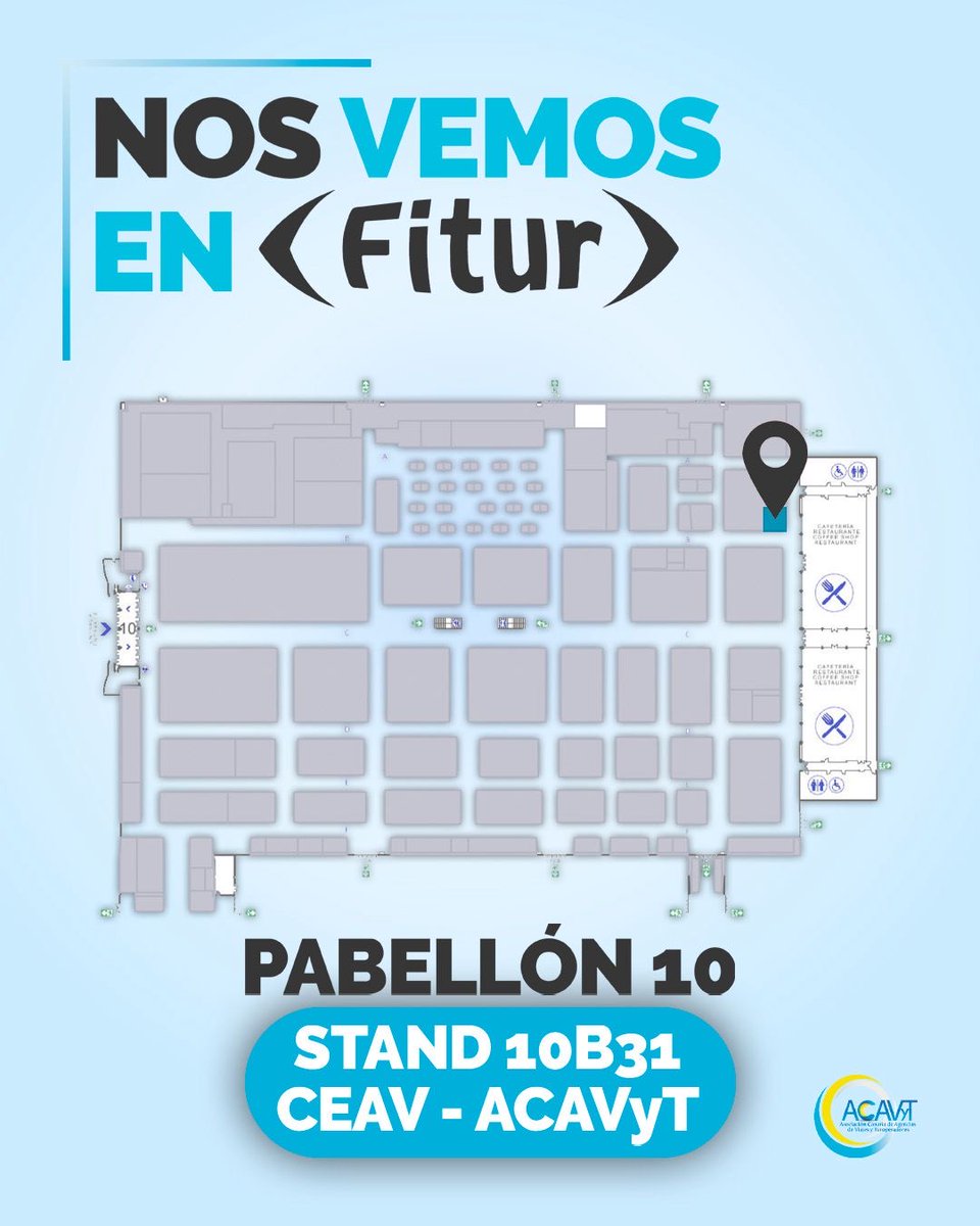 📍 ACAVyT en #FITUR2026 (21–25 enero, Madrid)

Nos encuentras en Stand 10 B 31 · Pabellón 10.

Agenda reunión 👉 calendly.com/acavyt-acavyt/…

¡Nos vemos! ✈️🌍