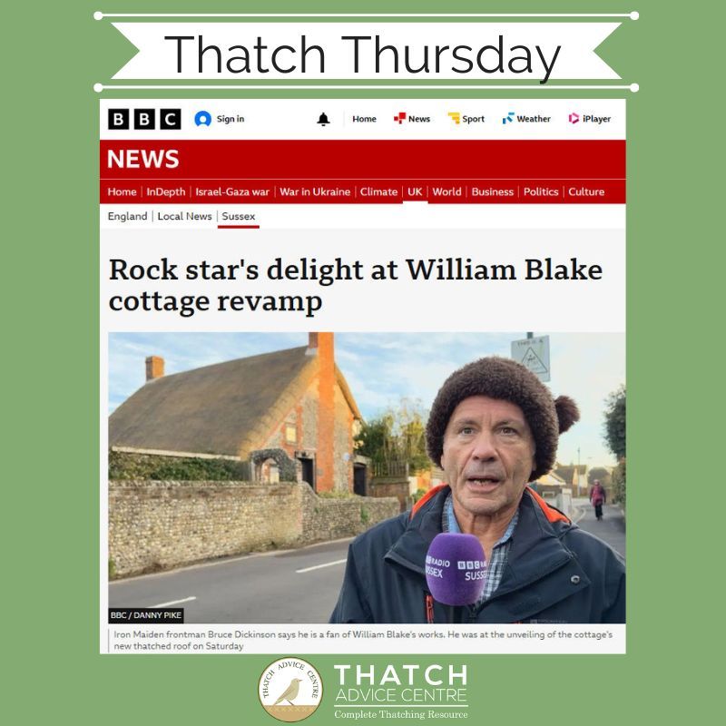 #ThatchThursday
We all love new thatch, including Bruce Dickinson <a href="/IronMaiden/">Iron Maiden</a>.  Restoration project, by the Blake Cottage Trust. Unveiling of 17th C rethatched cottage, previously occupied by poet William Blake, is no exception. <a href="/bbcnews/">BBC News (UK)</a> <a href="/BlakeCottage/">Blake Cottage</a> 
bbc.in/45sk8CH