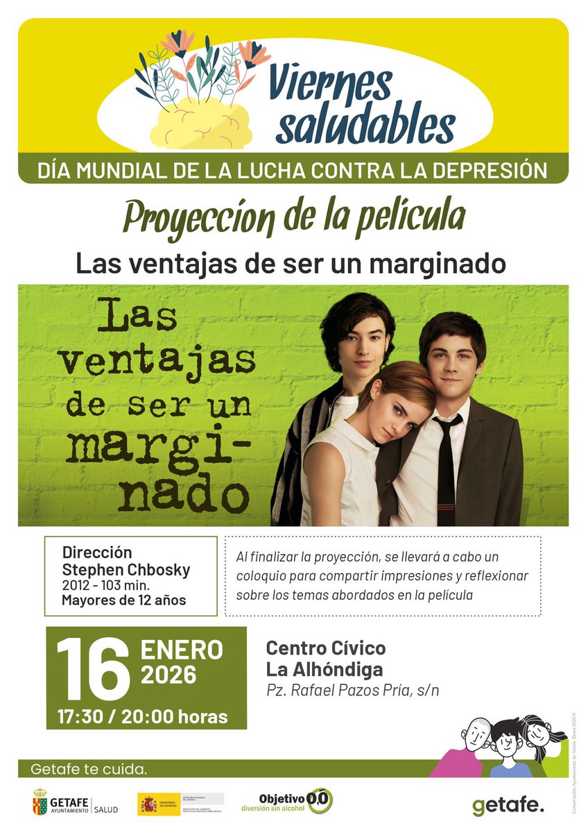 En el Día Mundial de la Lucha contra la Depresión, te invitamos a una proyección especial de
🎬 “Las ventajas de ser un marginado”
🗓️ 16 de enero
📍 Centro Cívico La Alhóndiga
🕒 17:30 a 20:00 h

<a href="/SaludGetafe/">Salud Getafe</a> <a href="/getafejoven/">GETAFE JOVEN</a> <a href="/aytogetafe/">Ayuntamiento Getafe</a>