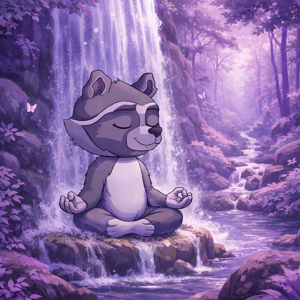 🌊🦝 FRED stays calm, no matter the market. While crypto charts swing  wildly and uncertainty flows like a raging waterfall, FRED chooses  stillness. No panic. No FUD. Just patience, clarity, and long-term