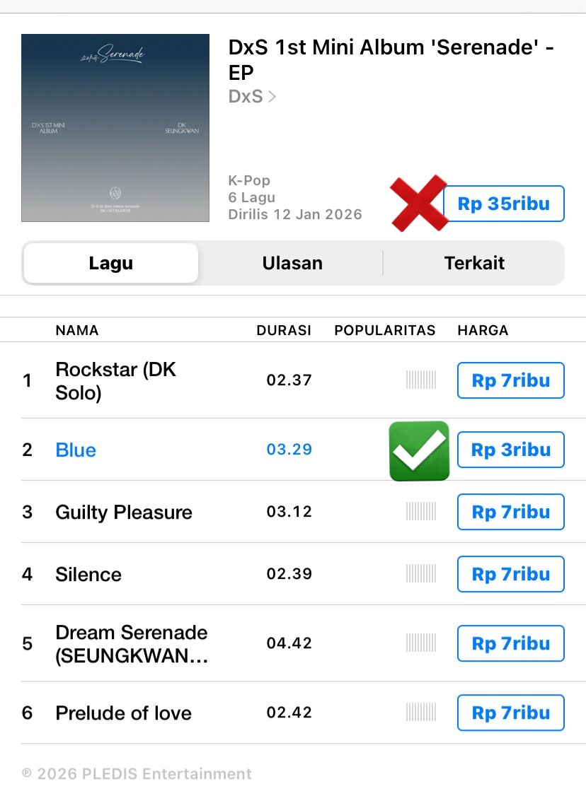 17CARATS_INA's tweet image. [#ITUNES] DxS 1st Mini Album 'Serenade' sudah bisa kalian beli lagu nya di iTunes yaa

🔗: music.apple.com/id/album/dxs-1…

‼️ Mohon diperhatikan ‼️
1. Pembelian title track = #Blue
2. Jika kamu ingin membeli seluruh lagu di album, TOLONG BELI SATU PER SATU. Jangan langsung beli 1 album
