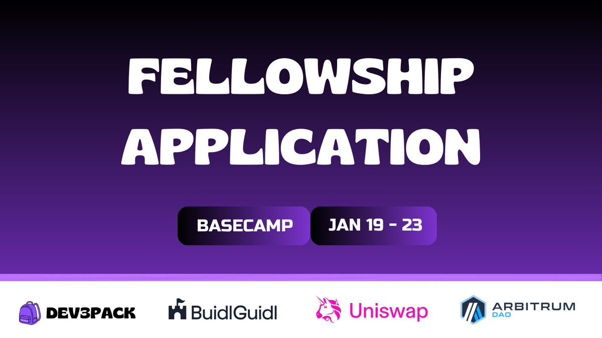 Last week to apply

Start your journey with a 5-day basecamp in collaboration with <a href="/buidlguidl/">BuidlGuidl.eth</a>, <a href="/Uniswap/">Uniswap Labs 🦄</a>, and <a href="/arbitrumdao_gov/">Arbitrum Governance</a> 🤝

After that, you'll officially enter the fellowship program and have access to everything you need to succeed in Web3!

🔗 tally.so/r/31qrBQ