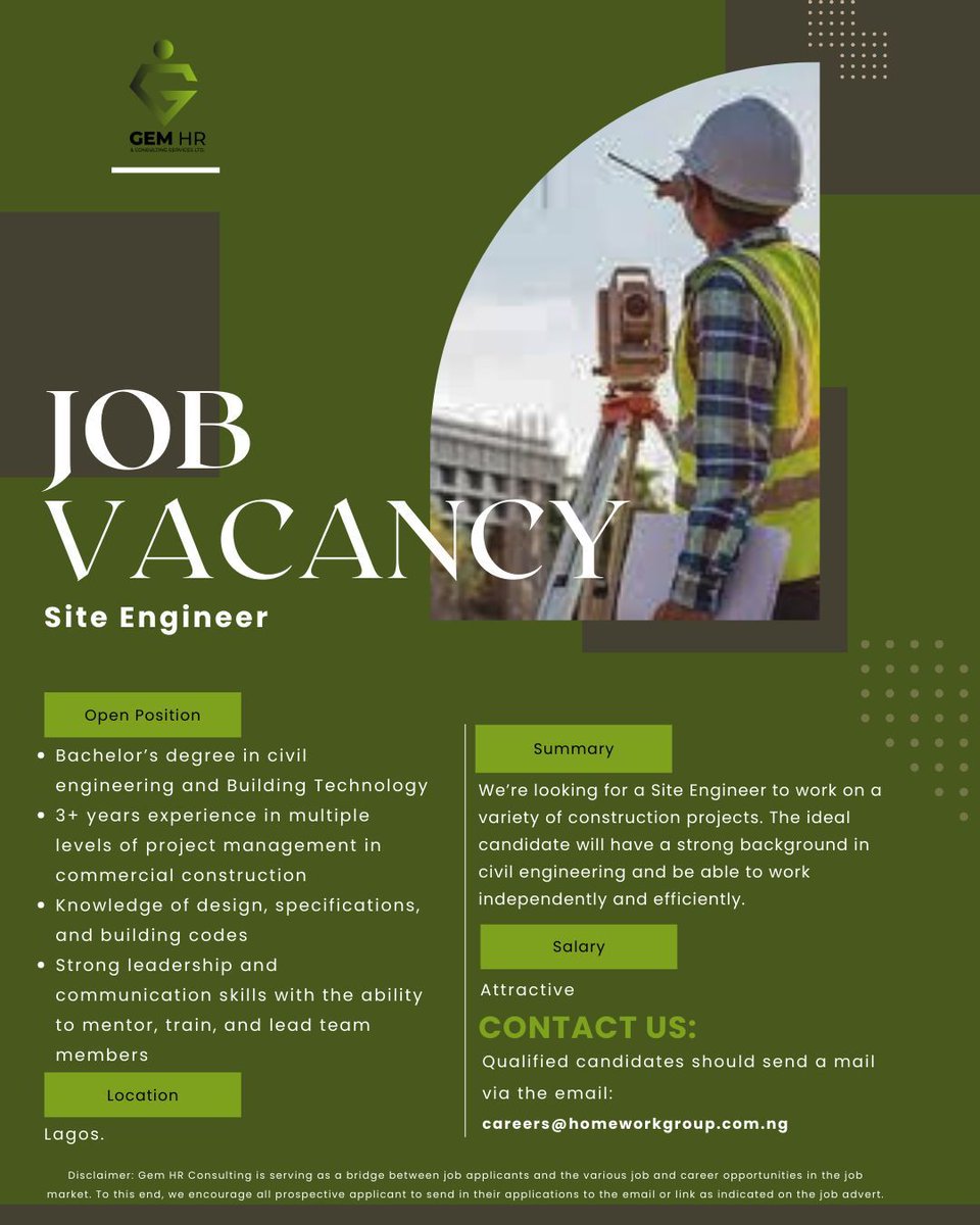 gem_hr's tweet image. 🔥Urgent Hiring: Site Engineer!🌟Location: Lagos.💌APPLY: careers@homeworkgroup.com.ng⏳Act fast—this opportunity won't last! 👥 Know someone ideal? Tag them! #siteengineer #siteengineers #siteengineering #SiteEngineerJobs #siteengineer #construction #construction_site #lagos