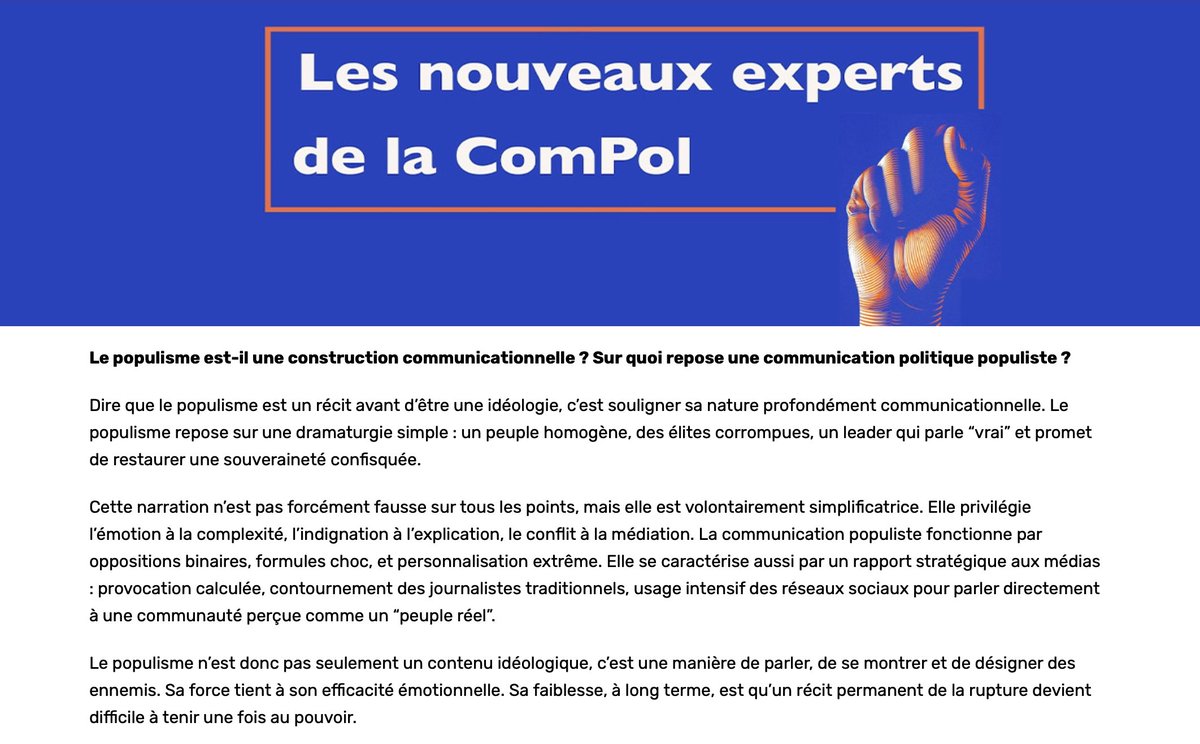 <a href="/cginisty/">cginisty</a> « Le populisme est un récit avant d’être une idéologie, sa nature est profondément communicationnelle. Il repose sur une dramaturgie simple : un peuple homogène, des élites corrompues, un leader qui parle “vrai” et promet de restaurer une souveraineté confisquée » selon <a href="/cginisty/">cginisty</a>