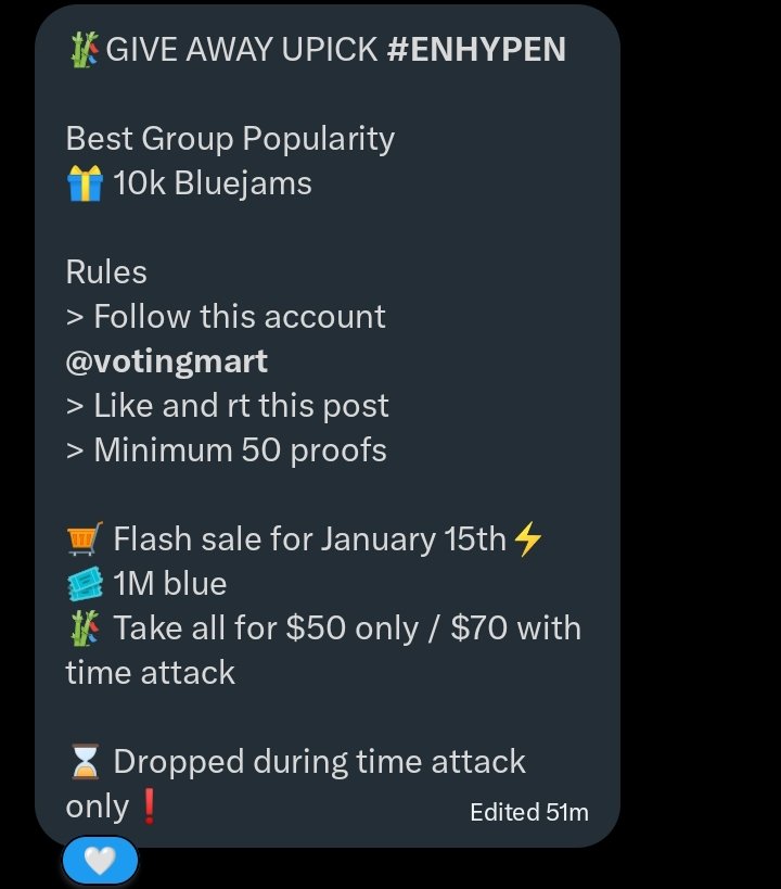earthofrows's tweet photo. 🎋RT DEAL UPICK #ENHYPEN

Best Group Popularity 
🎁 10k 💙

Rules
> Follow this account @votingmart 
> Like and rt this post
> Minimum 50 proofs

🛒 Flash sale for January 15th⚡
🎟️ 1M blue
🎋 Take all for $50 only / $70 with time attack 

⌛ Dropped during time attack only❗ https://t.co/7lHqVpBUj4