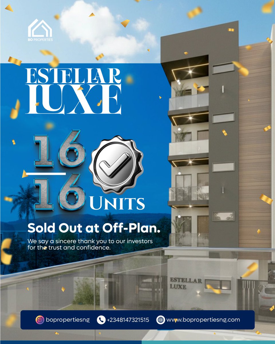 Bopropertiesng's tweet photo. We are proud to announce that Estellar Luxe, a four-storey masterpiece in the heart of Yaba, is now fully SOLD-OUT 🚫 at the off-plan stage. https://t.co/Bui4Ec4R5h