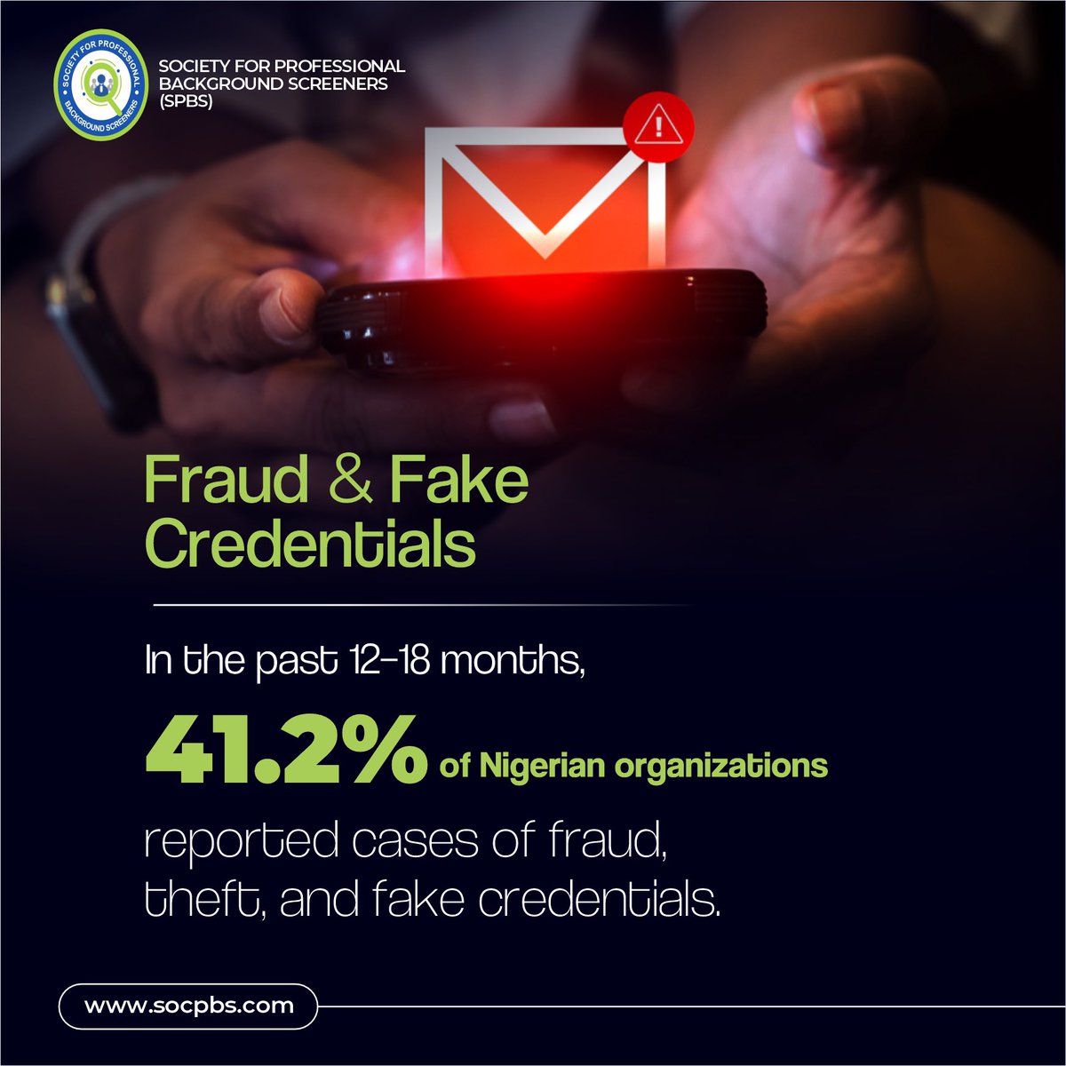 Think you can spot a fake credential? 

41.2% of Nigerian organizations fell victim to fraud last year.

Stay safe. Verify. Prevent.

#verifybeforetrust #fraudalert #backgroundcheck #spbs