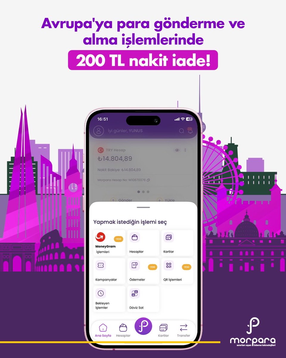 Avrupa’ya para gönderme ve alma işlemlerinde 200 TL nakit iade Morpara’da! Morpara mobil uygulamasında işlemini kolayca gerçekleştir, kampanyadan yararlan.
Kampanya detayları için morpara.com sitesinde ve mobil uygulamada Kampanyalar sayfasını ziyaret edebilirsin.