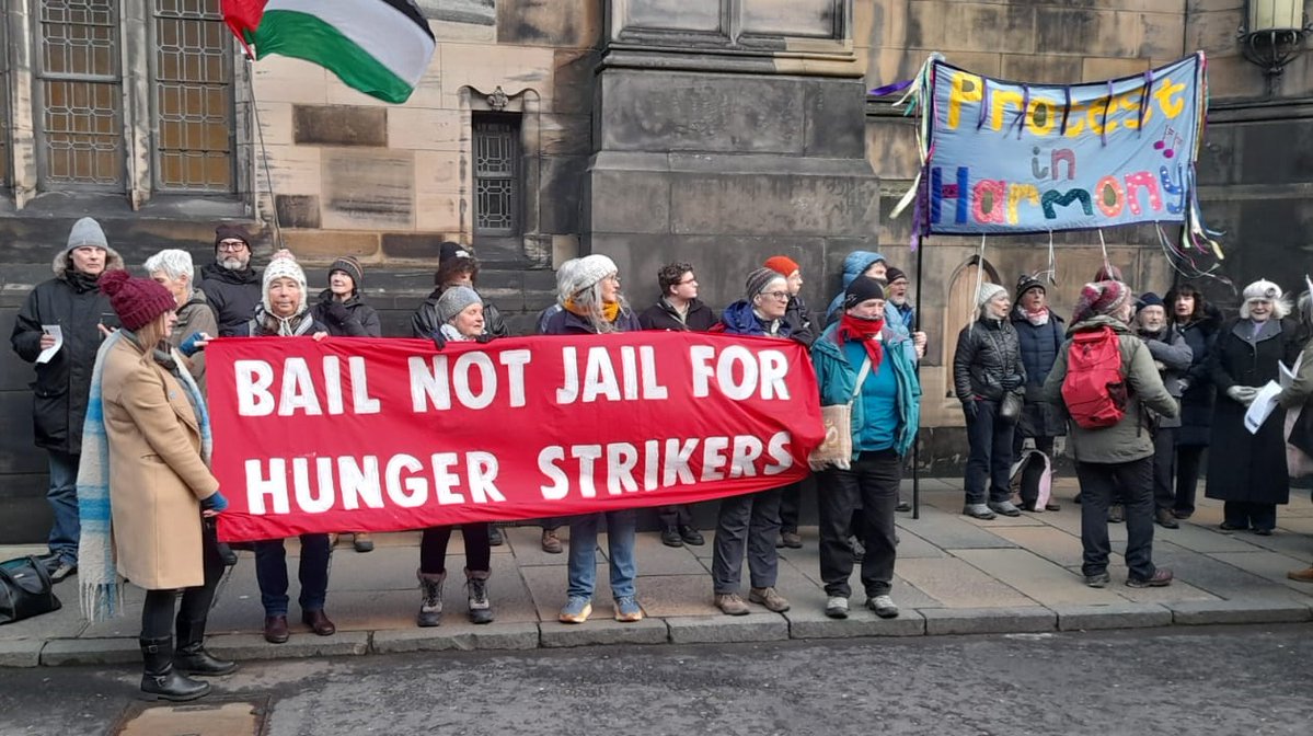 SecureScotland's tweet image. This morning outside the Court of Session in Edinburgh as it reviews the banning of Palestine Action.
