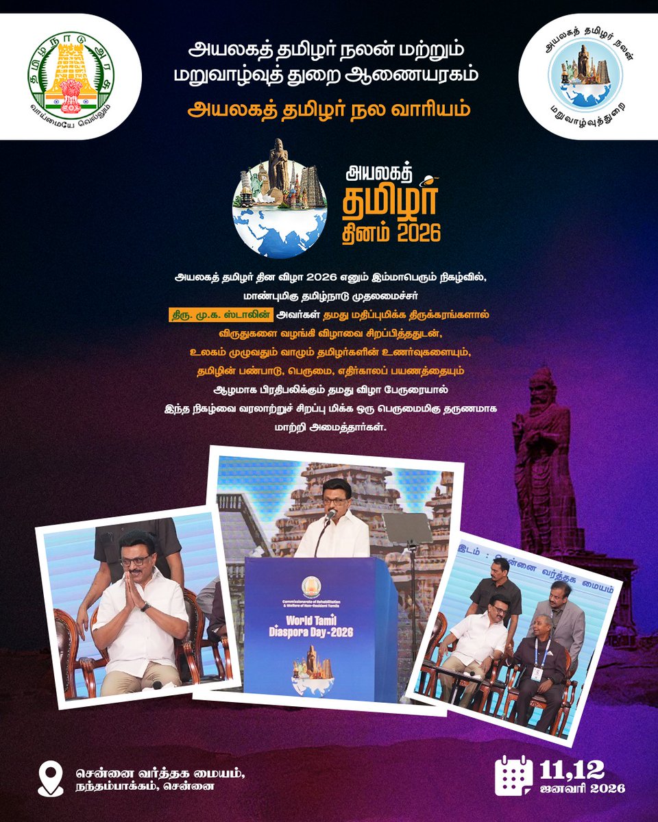“அயலகத் தமிழர் தின விழா 2026 எனும் இம்மாபெரும் நிகழ்வில்,
மாண்புமிகு தமிழ்நாடு முதலமைச்சர்
திரு. மு.க. ஸ்டாலின் அவர்கள்
தமது மதிப்புமிக்க திருக்கரங்களால்
ஒரு பெருமைமிகு தருணமாக
மாற்றி அமைத்தார்கள்.”
#அயலகத்தமிழர்தினம்2026
#TamilDiasporaDay
#GlobalTamils
#WorldTamils
#TamilPride