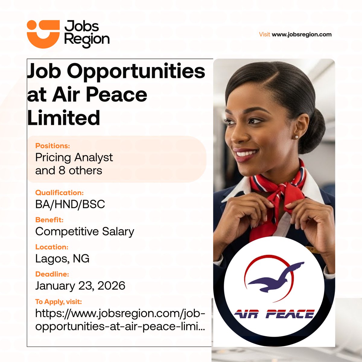 Air Peace Limited is Hiring!

Positions:
- Pricing Analyst
- and 8 others

Location: Lagos | Nigeria
Deadline: January 23, 2026

Qualifications:
- Must be a graduate 
- Minimum of 1 year's  experience

Click the link below to apply⤵️
jobsregion.com/job-opportunit…

Kindly retweet and