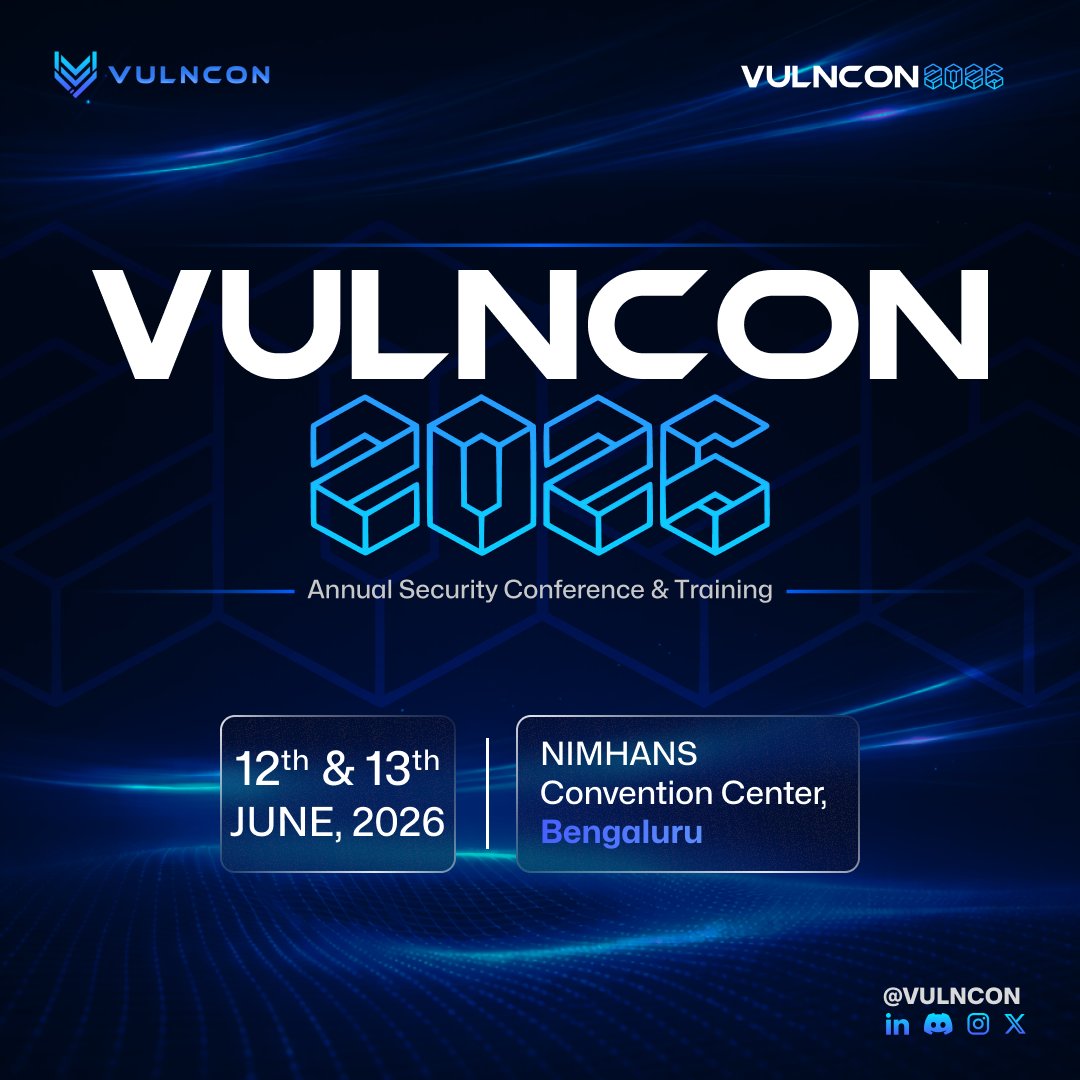 vulncon's tweet photo. The wait.
The guesses.
The suspense.

It’s finally time to lift the curtain. It's finally time to relive the Hacker within.

✨ VULNCON 2026 is officially happening! ✨

📅 Date: 12th & 13th June 2026
📍 Venue: NIMHANS Convention Center, Bengaluru 

The challenge has been conquered, the code has been cracked, and the correct date has been successfully decoded. One sharp mind has secured a 50% discount on the Individual Pass by being the first to get it right.

This is just the beginning.
Bigger ideas. Stronger defenses. Sharper minds. 
We are not just Growing, We are creating an Impact that Matters 🙌

Welcome to the future of security research.
Welcome to VULNCON 2026!!

#Vulncon #Vulncon2026 #InfoSec #InfoSecCommunity #CyberSecurity #SecurityResearch